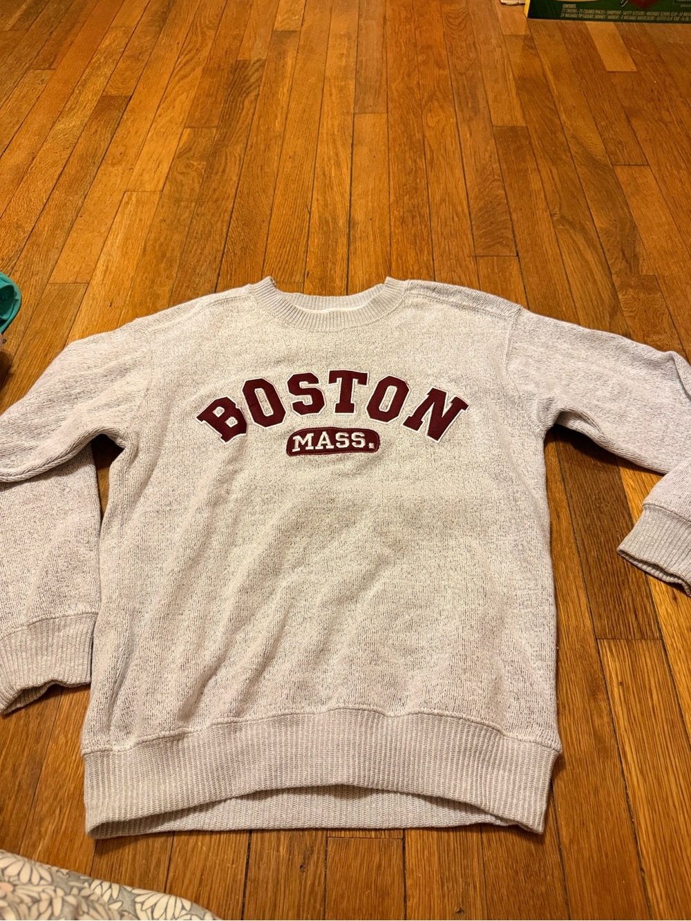 Light Gray Crewneck Sweater with Maroon Boston Lettering